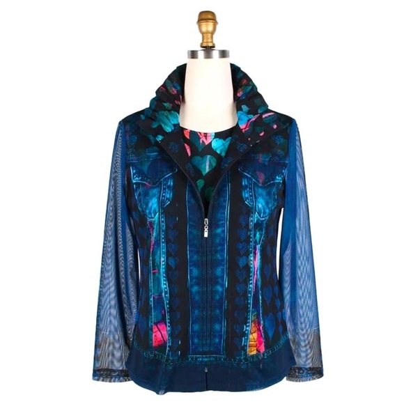 Damee Tops - Damee Denim Pattern Sheer Jacket with Heart Undershirt